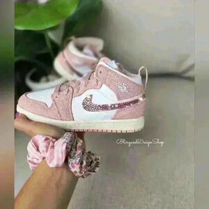 Nike Jordan 1 Mid Little Kids Girls Shoes Sneakers Pink with Purple Crystals